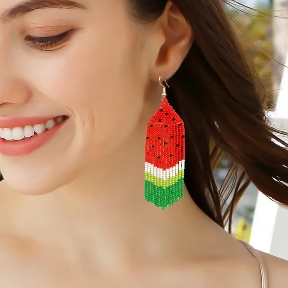 Boho Watermelon Seed Bead Fringe Earrings - Picture 5 of 7
